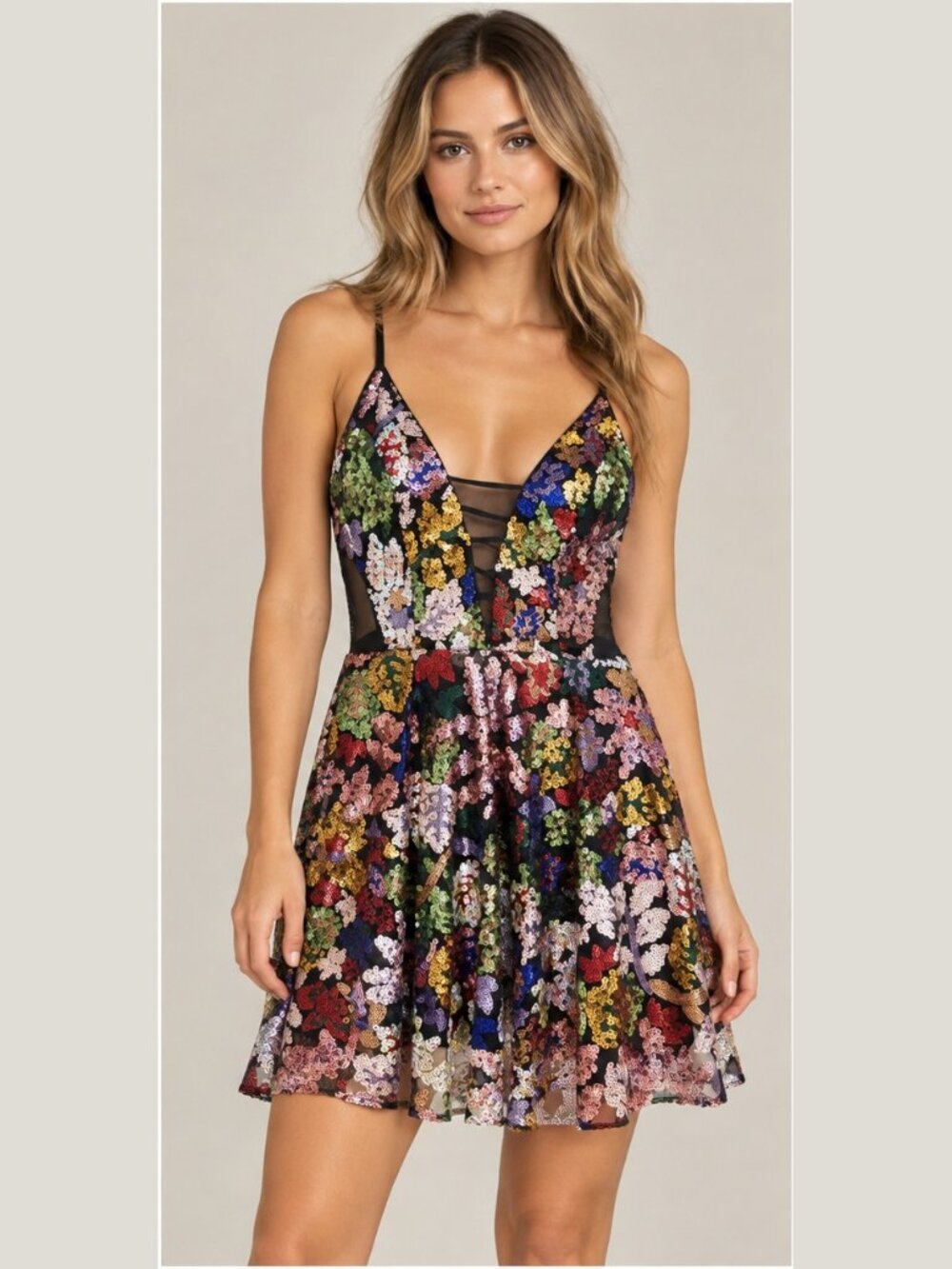 Black Mesh & Multicolor Sequin Dress, A-Line - Lace Up Back - Giffniseti - Large